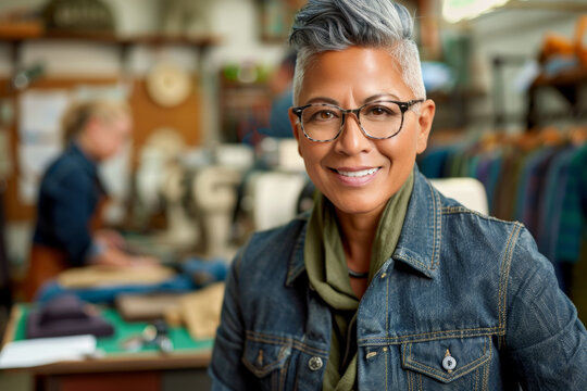 Portrait of a middle-aged non-binary person who is the founder of a sustainable fashion brand