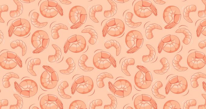 4K animated pattern of shrimps moving from left to right. Shrimp illustration in a hand-drawn style creating a repeatable background. Horizontal video.