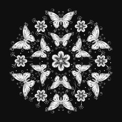 Circular black and white ornament like mandala with chamomile flowers, fantasy butterfly with curled antennae in Art Nouveau style. Black background. Vintage style.