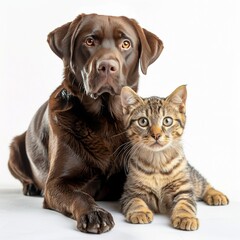 Brown Labrador Retriever and Tabby Cat Sitting Together