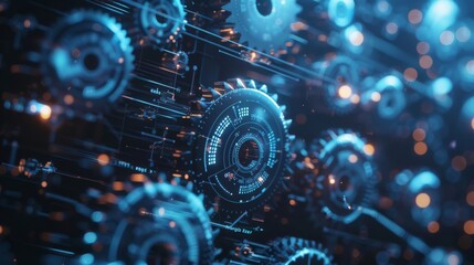 Blue gears spin in a digital space