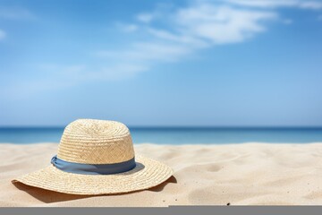 Straw hat lying on a sandy beach with clear blue sky and ocean in the background, representing a perfect summer holiday scene.