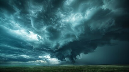 A dark, stormy sky with lightning strikes over a green field