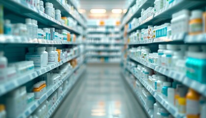 Focused view down the aisles in a pharmacy, showcasing shelves filled with various drug products, health supplies, and over-the-counter medications in a busy retail environment.