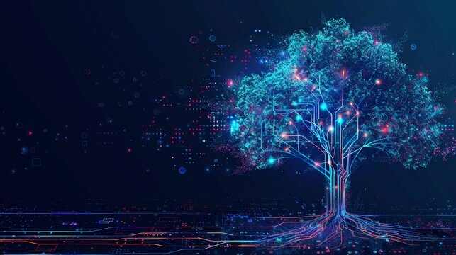 A glowing digital tree with glowing branches and roots