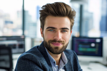 Obraz premium Portrait of a young gay business leader in the tech industry, sitting confidently in a modern, sleek office.