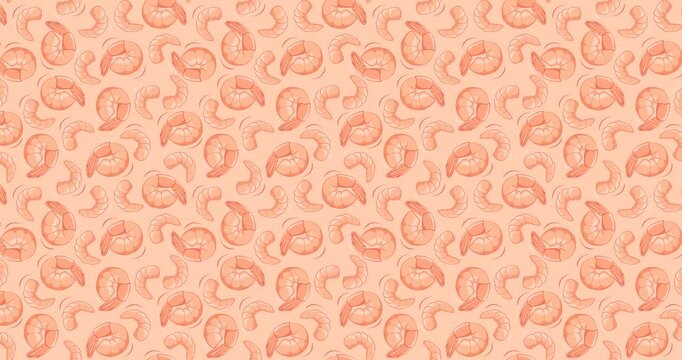 4K animated pattern of shrimps moving from left to right. Shrimp illustration in a hand-drawn style creating a repeatable background. Horizontal video.