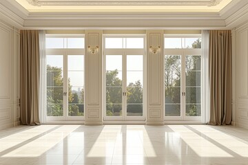 Fototapeta premium An empty spacious room with large windows offering a view to a verdant exterior and abundant natural light