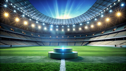 podium in the center of a stadium, of empty seats and light flashes. The podium is simple and...