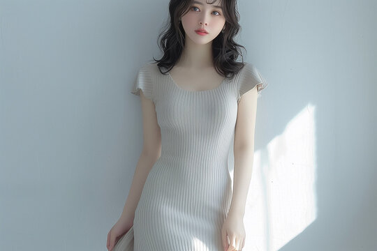 グレーのワンピースを着た女性
