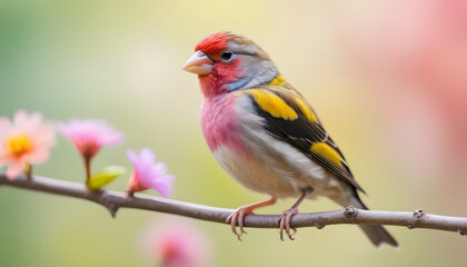 Fototapeta premium colourful tiny finch stands on a branch | Bird Photographyfancy, beam, colourful, springtime, feather, fluffy, fauna, cut out, usa, arizona, blur, grey, photo, wildlife, nice, hiding, horizontal, be
