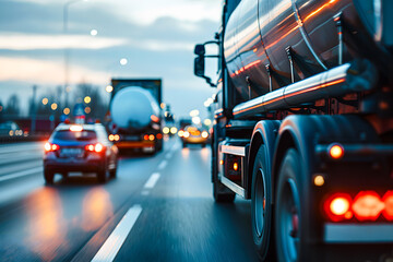 Naklejka premium Trafic sur l'autoroute, voitures et camion citerne