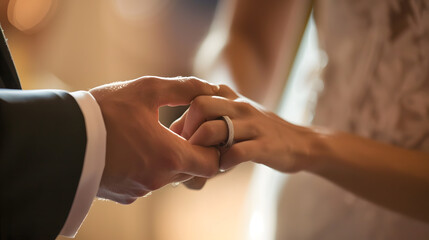 Obraz premium This photograph captures a poignant moment within a wedding ceremony the gentle placement of a wedding band on the brides finger The focus on their hands against the soft background ev : Generative AI