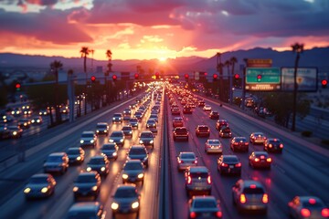 Highway Traffic at Sunset. Tilt Shift Concept Photo. Traffic in Las Vegas Nevada, USA
