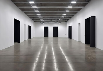 empty large space with white ceilings and black walls. The floor is of rough concrete. warehouse or art gallery in minimal text editing style.