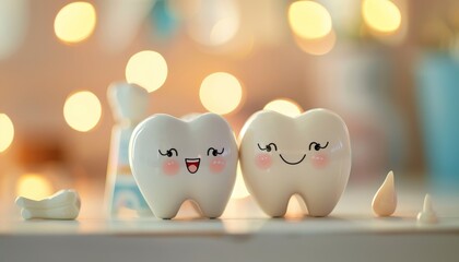 Obraz premium Happy dental cartoon characters encouraging oral health on blurred background with copy space