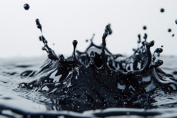 close up view of black paint splash in water isolated on gray,
