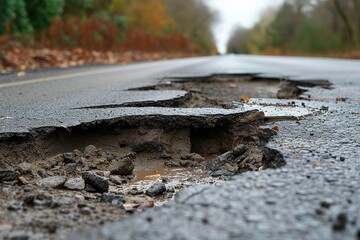 Fototapeta premium Damaged asphalt road with deep pothole on american highway surface. Ruined roadway in urgent need of repair