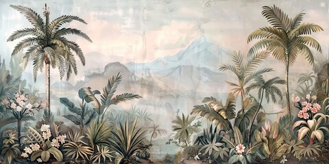 Tropical forest landscape wallpaper design - Mural wallpaper - 3D illustration. AI generated illustration