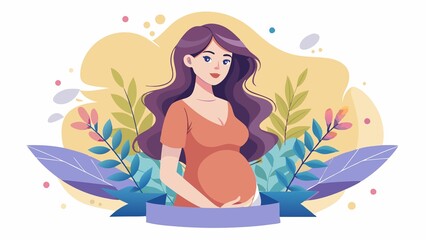 A pregnant woman with long hair, in a flat illustration style using UI design elements in purple and orange tones, with vector graphics on a white background. 