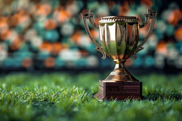 the gold cup for the first place on the background of a football field. The golden trophy of the champion. A sporting victory, a prize for the winner.
