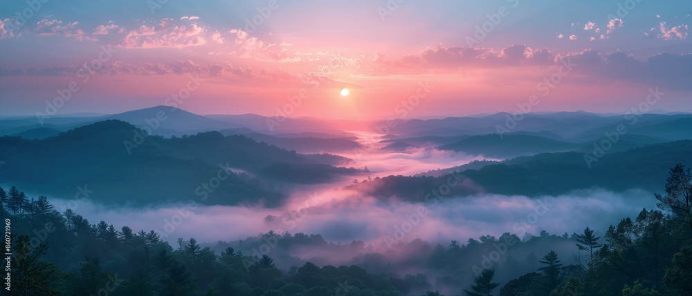 Poster a beautiful mountain range with a sun setting in the background. the sky is a mix of blue and orange