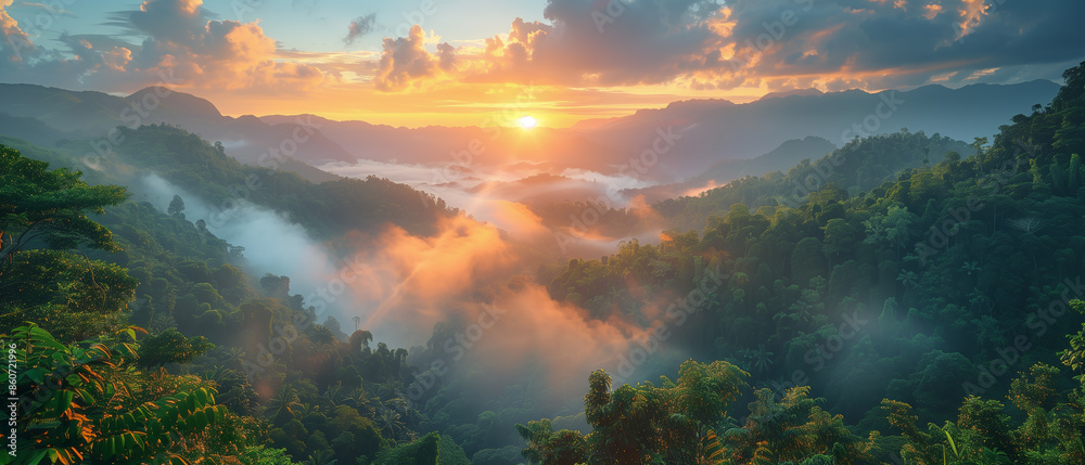 Poster a beautiful mountain range with a sun setting in the background. the sky is a mix of blue and orange