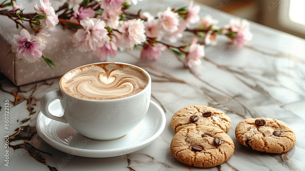 Poster A white coffee cup with a heart design sits on a white saucer next to a plate of cookies. The scene is set on a marble countertop with a vase of pink flowers in the background