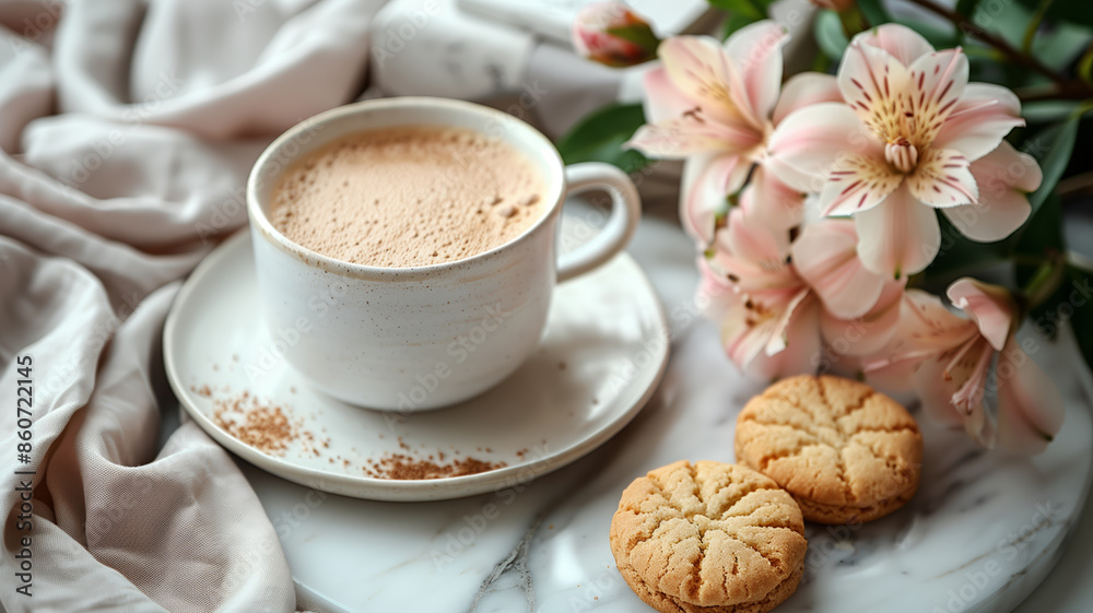 Poster A white coffee cup with a heart design sits on a white saucer next to a plate of cookies. The scene is set on a marble countertop with a vase of pink flowers in the background