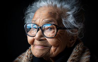 A close-up portrait of an elderly woman with glasses and wrinkles, looking off to the side with a gentle smile