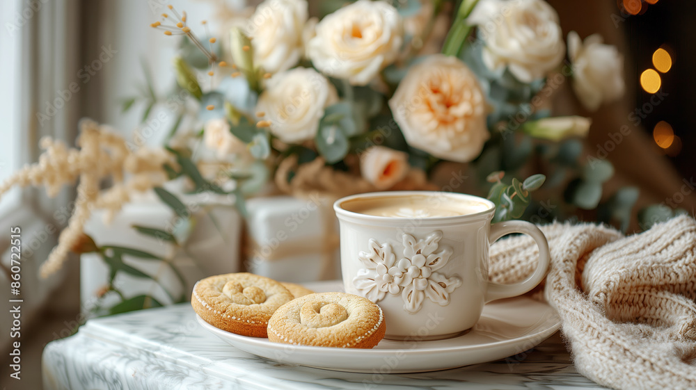 Poster A white coffee cup with a heart design sits on a white saucer next to a plate of cookies. The scene is set on a marble countertop with a vase of pink flowers in the background