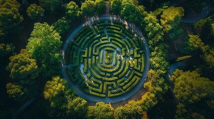 A lush green maze surrounded by tall trees, seen from a bird's eye view. AI.