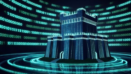 Obraz premium Digital fortress made of binary codes and digits