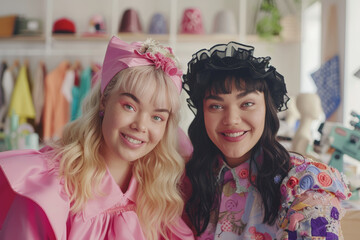 Portrait of a young transgender woman and her non-binary partner who co-own a trendy fashion boutique.