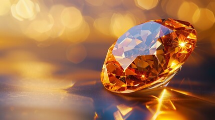 Fototapeta premium Brilliant Orange Topaz Gemstone on Glossy Surface with Warm Golden Light and Sparkling Facet Highlights