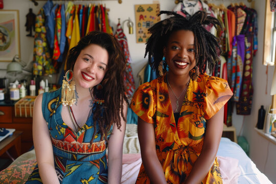 Portrait of a young transgender woman and her non-binary partner who co-own a trendy fashion boutique. 