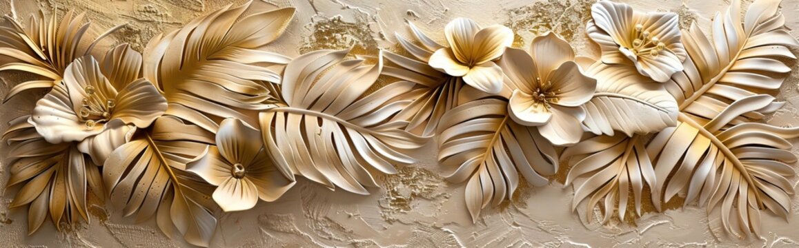 Fototapeta Gold floral plants and palm leaves Wallpaper Mural, 3d illustration, grey background, abstract tropical leaves, banana leaves with 3d lines. AI generated illustration
