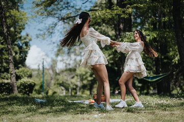Naklejka premium Two happy young women wearing flowing white dresses enjoy a playful moment in a lush green park on a sunny day.