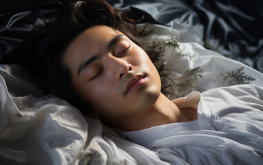 Obraz premium A close-up shot of a young man sleeping peacefully in bed, with white bedding and natural light