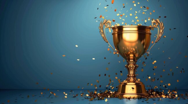 Gold Trophy With Confetti Against Blue Background