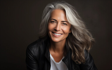 A woman with grey hair is wearing a black leather jacket and a white t-shirt. She is smiling and looking at the camera