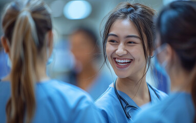 A young female nurse in blue scrubs and a stethoscope smiles while speaking with a colleague in a hospital setting