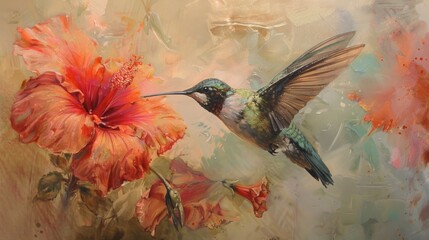 Fototapeta premium Hummingbird in Flight Over Orange Hibiscus