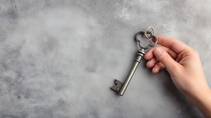 Hand supports the vintage Key to success in business. Composition with blank space on left. rental and purchase of real estate