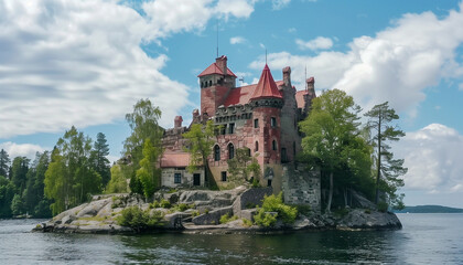 A rustic castle perched on an island, surrounded by tranquil waters, exudes timeless charm and history, with weathered stone walls and lush greenery creating a picturesque, serene escape.