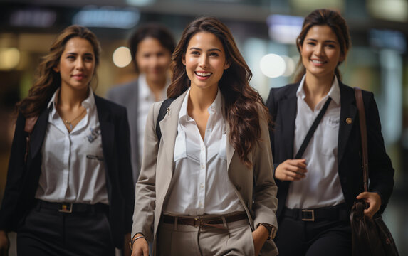 Three women in business attire walk together in an urban setting at night