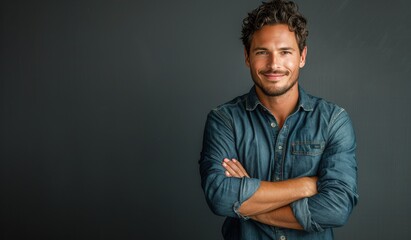 Fototapeta premium Happy Middle-Aged Man Wearing Denim Shirt Against Grey Background