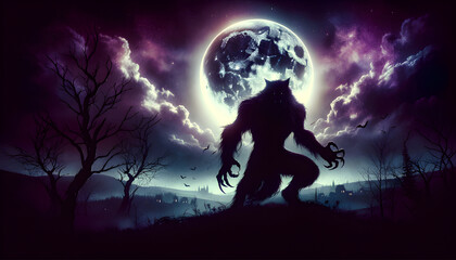 A moonlit Halloween night sees a werewolf howling under the full moon, creating an eerie and chilling atmosphere, with shadows and mist adding to the supernatural spookiness.