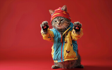 Fototapeta premium A grey tabby cat with green eyes is wearing a colorful yellow and blue jacket with a red hat. It is standing on a red background with its paws outstretched