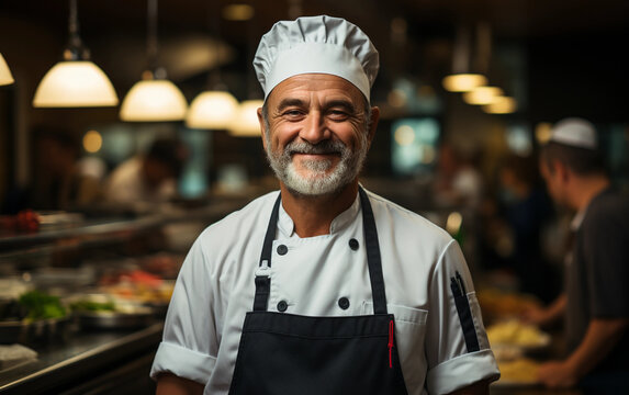 A chef in a white uniform and black apron smiles while standing in a restaurant kitchen - Powered by Adobe